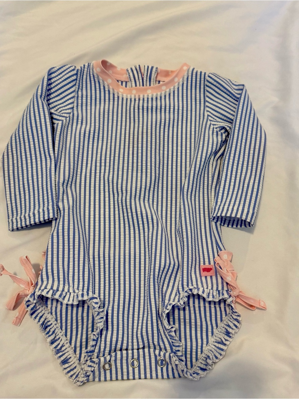 RuggedButts Blue & White Striped Baby Onesie with Pink Trim 12-18 Months
